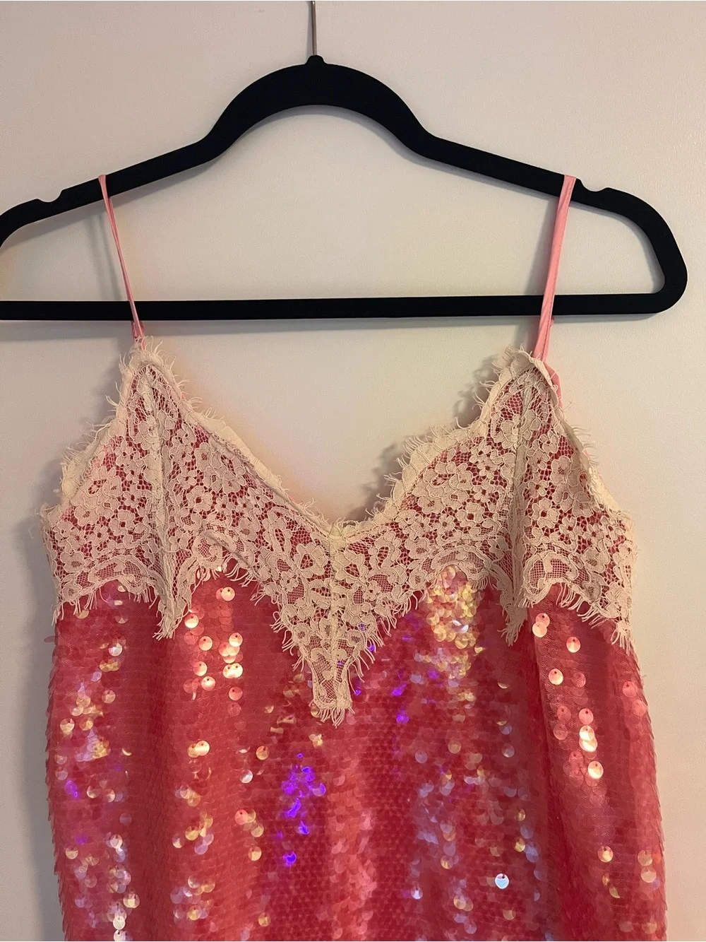 Sequin Slip Mini Dress with Cream Lace Trim in Pink - Picture 3 of 7